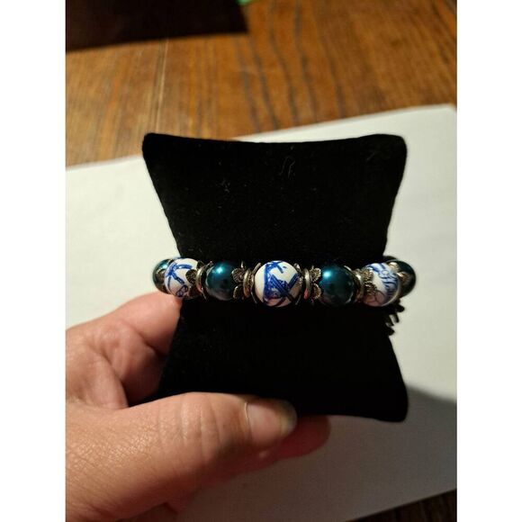 Vintage Holland Windmill Porcelain Bead Stretch Bracelet Blue White Silver - Picture 2 of 8
